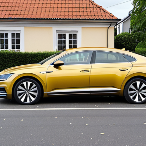 **

A slightly worn but stylish Volkswagen Arteon parked on a typical Swedish street. Focus on the car's exterior, showing signs of use like minor scratches but still appearing well-maintained. The background includes a glimpse of a residential area with houses and trees, reflecting a common Swedish suburb.

**