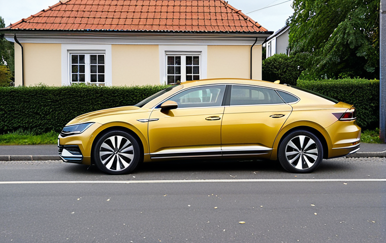 **
A slightly worn but stylish Volkswagen Arteon parked on a typical Swedish street. Focus on the car's exterior, showing signs of use like minor scratches but still appearing well-maintained. The background includes a glimpse of a residential area with houses and trees, reflecting a common Swedish suburb.
**