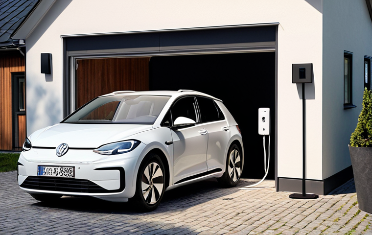 **
Prompt: A modern Scandinavian home garage with a white Volkswagen ID.3 parked inside. A wall-mounted charging box is connected to the car. Sunlight streams through the garage door, highlighting the clean, minimalist design. Focus on the ease and convenience of home EV charging in a Swedish setting.
