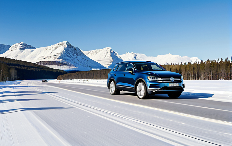 A powerful Volkswagen Touareg SUV driving on a wide, snow-covered highway in a vast, serene Swedish winter landscape. The car appears solid and stable, conveying a sense of security and long-distance comfort. Majestic snow-covered mountains in the background under a clear sky. Professional automotive photography, high quality, realistic, perfect anatomy, correct proportions, natural pose, safe for work, appropriate content, fully clothed, family-friendly, professional.